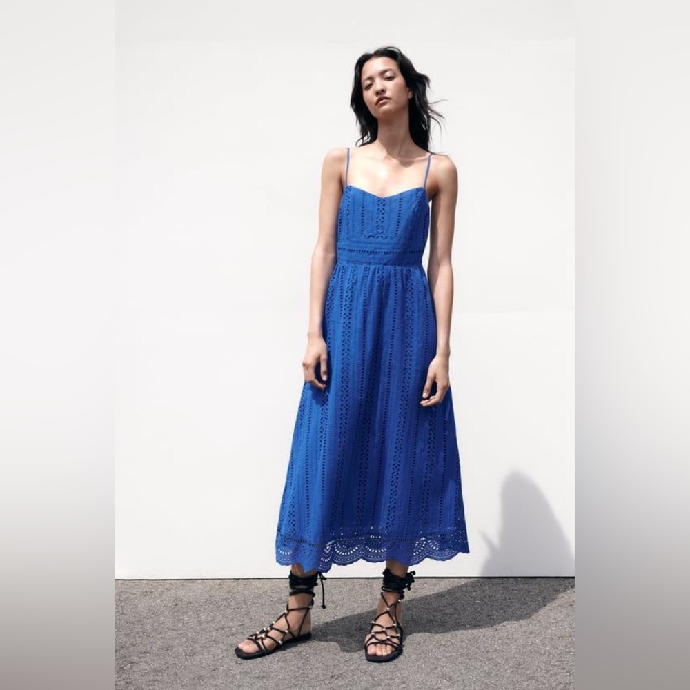 Brand New ZARA Openworked Embroidered Dress. Royal Blue. Size M